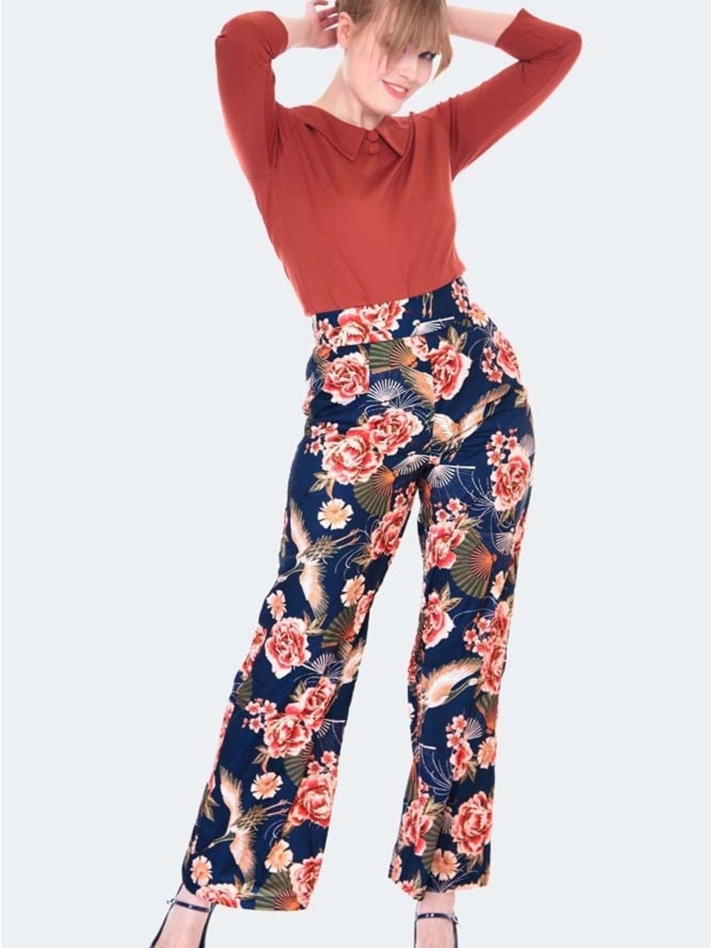 Voodoo Vixen Kimono Print Navy Floral Wide-Leg Pants with Coral Blooms- Sz 4